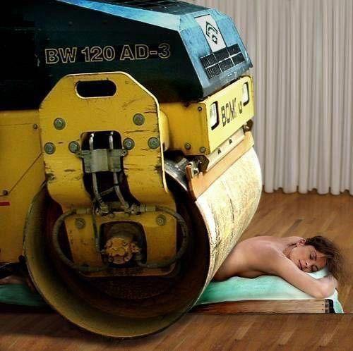 girl under road roller
